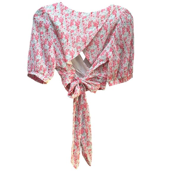 NWT Lulus Floral Puff Sleeve Wrap Crop Top With Back Tie Detail Summer Spring M - Picture 4 of 10